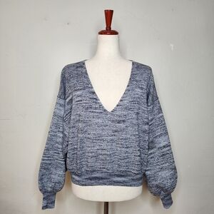 Free People Metallic Silver Balloon‎ Sleeve V Neck Sweater Size Small